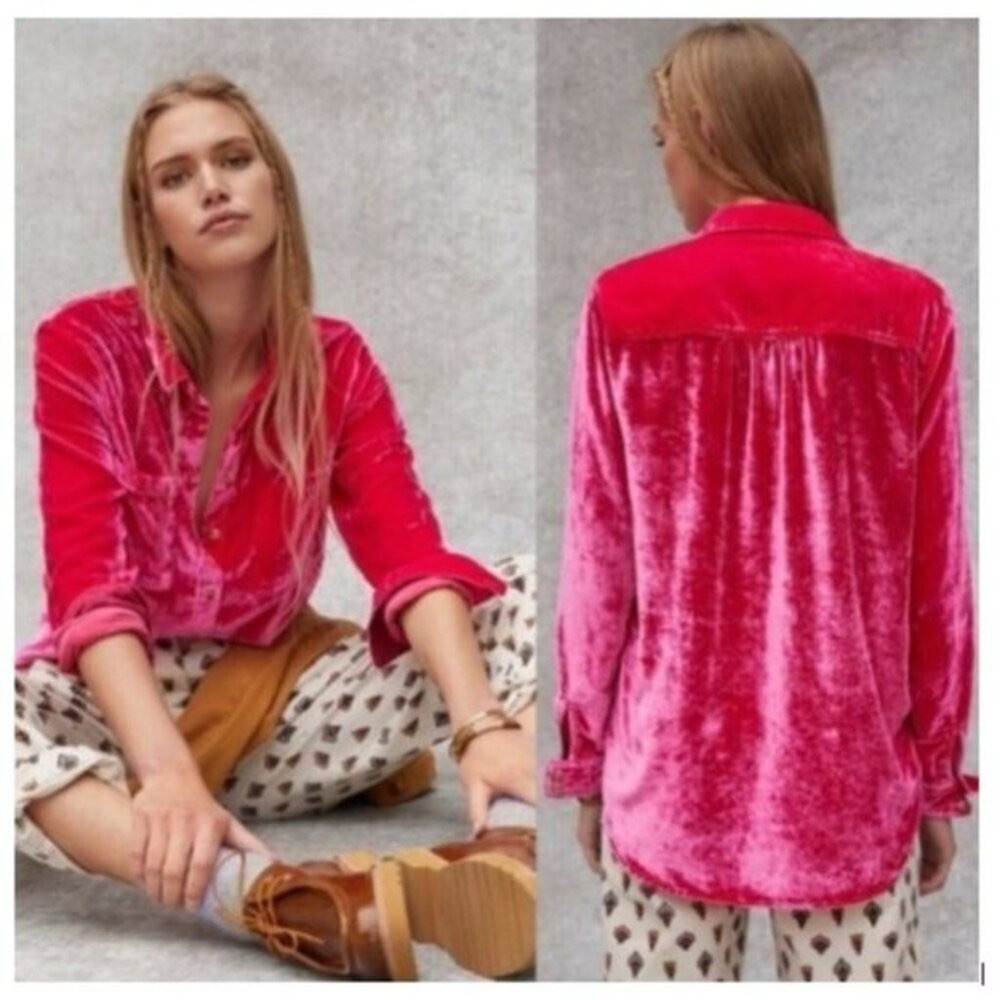 NWOT Pilcro Anthropologie Mara Raspberry Pink Velvet Shirt Top size 12